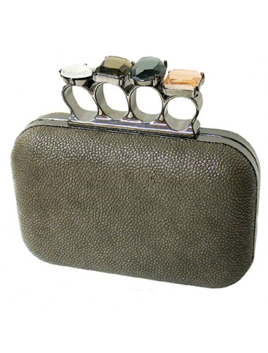 Evening Bag - Small Jeweled Stones Knuckle Clutch Bags - Pewter - BG-EHP7103PT